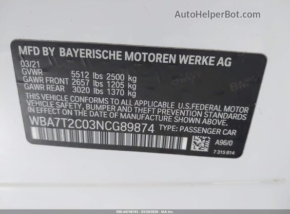 WBA7T2C03NCG89874 2022 BMW 7 SERIES White Widok komory silnika