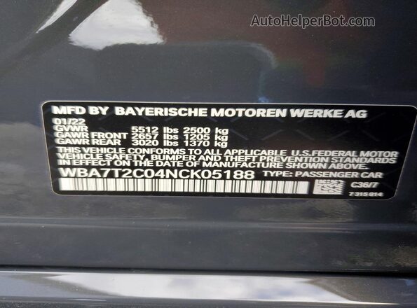 WBA7T2C04NCK05188 2022 BMW 7 SERIES Gray Вид підкапотного простору