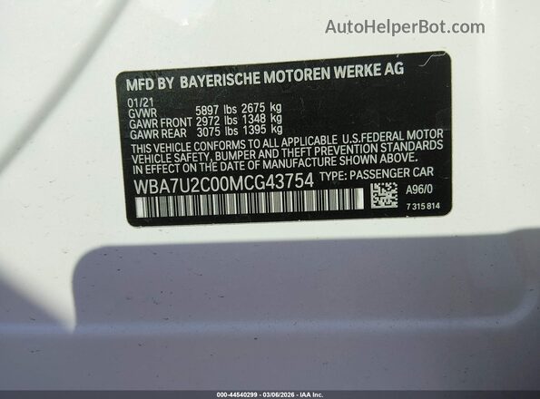 WBA7U2C00MCG43754 2021 BMW 7 SERIES White Widok komory silnika