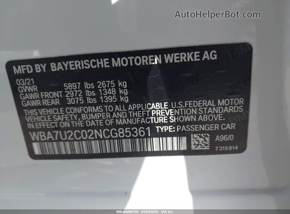 WBA7U2C02NCG85361 2022 BMW 7 SERIES White ძრავის განყოფილების ხედი