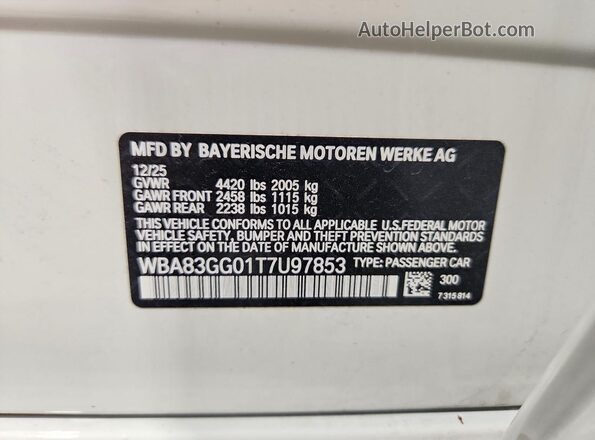 WBA83GG01T7U97853 2026 BMW 2 SERIES White VIN კოდის სტიკერის ხედი