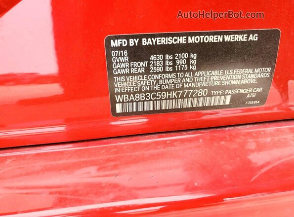 WBA8B3C59HK777280 2017 BMW 3 SERIES Красный Вид подкапотного пространства