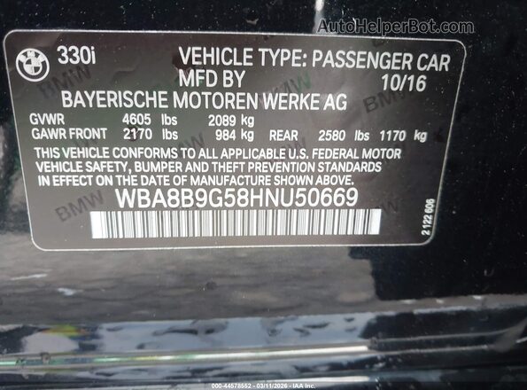 WBA8B9G58HNU50669 2017 BMW 3 SERIES Black Engine compartment view