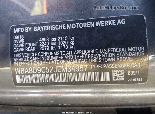 WBA8D9C52JEM34957 2018 BMW 3 SERIES Серый Вид подкапотного пространства