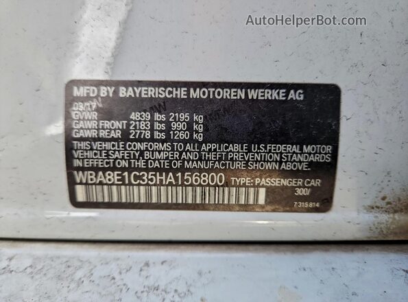 WBA8E1C35HA156800 2017 BMW 3 SERIES White VIN კოდის სტიკერის ხედი