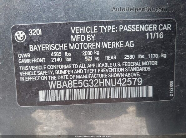 WBA8E5G32HNU42579 2017 BMW 3 SERIES Gray Engine compartment view