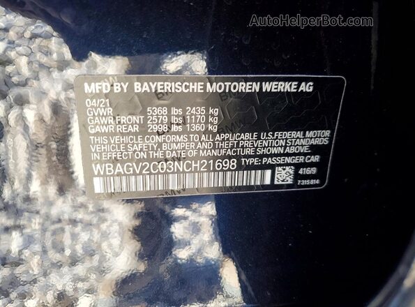 WBAGV2C03NCH21698 2022 BMW 8 SERIES Blue Vista de la etiqueta del VIN