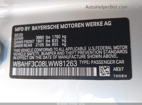 WBAHF3C08LWW81263 2020 BMW Z4 Silver 