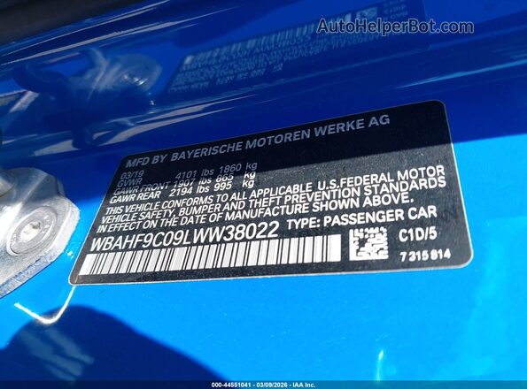 WBAHF9C09LWW38022 2020 BMW Z4 Blue Vista del compartimento del motor