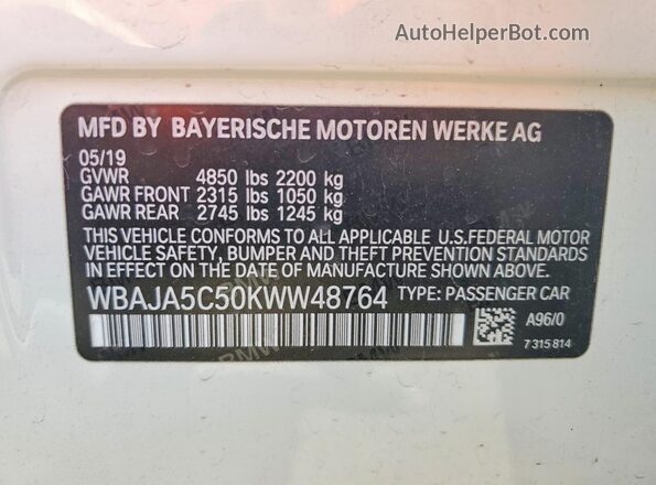 WBAJA5C50KWW48764 2019 BMW OTHER White 