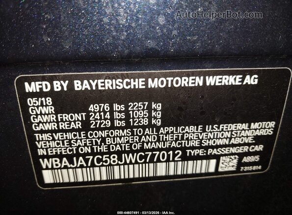 WBAJA7C58JWC77012 2018 BMW 7 SERIES Blue 