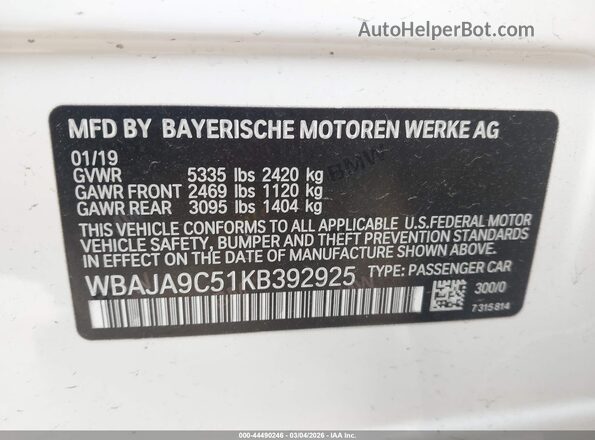 WBAJA9C51KB392925 2019 BMW 5 SERIES White Вид підкапотного простору