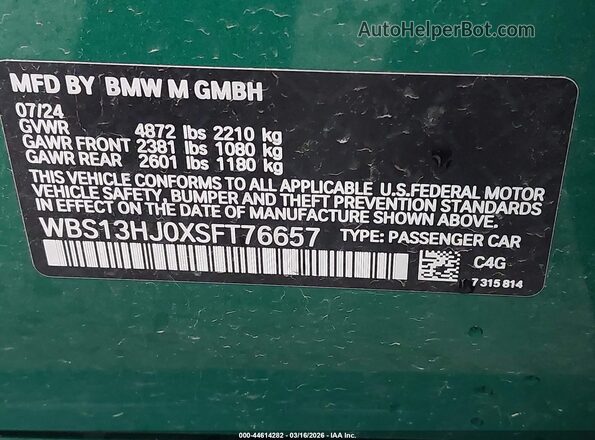 WBS13HJ0XSFT76657 2025 BMW M3 Green Engine compartment view
