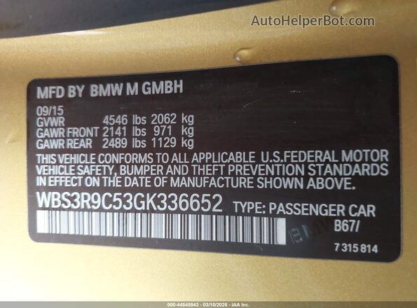 WBS3R9C53GK336652 2016 BMW M4 Желтый Вид подкапотного пространства
