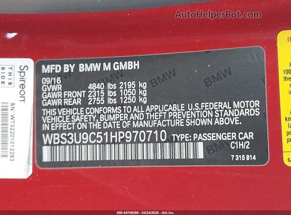 WBS3U9C51HP970710 2017 BMW M4 Red Вид підкапотного простору