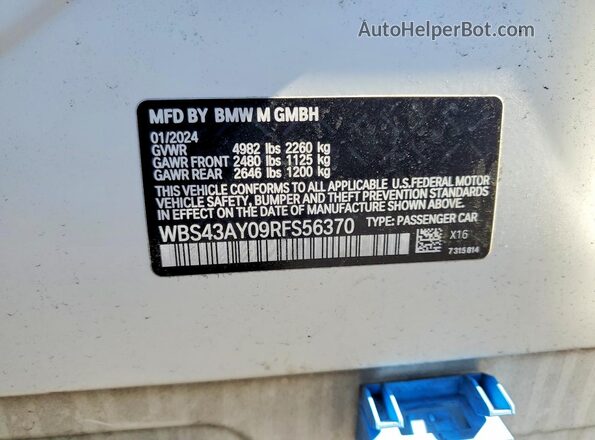 WBS43AY09RFS56370 2024 BMW M3 White Vista de la etiqueta del VIN