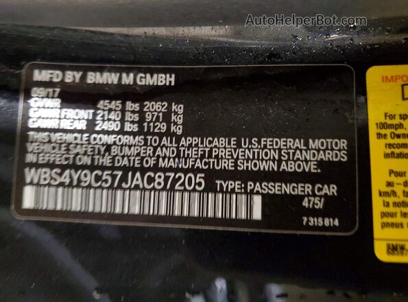 WBS4Y9C57JAC87205 2018 BMW M4 Black VIN sticker view