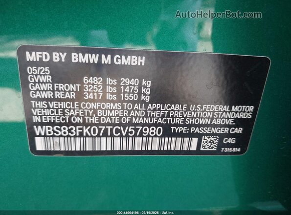 WBS83FK07TCV57980 2026 BMW M5 Green Engine compartment view