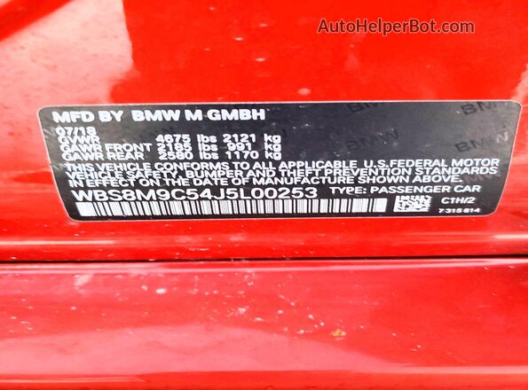 WBS8M9C54J5L00253 2018 BMW M3 Orange ძრავის განყოფილების ხედი