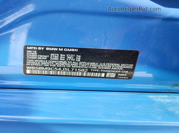 WBS8M9C54J5L71582 2018 BMW M3 Blue Вид наклейки з VIN-кодом