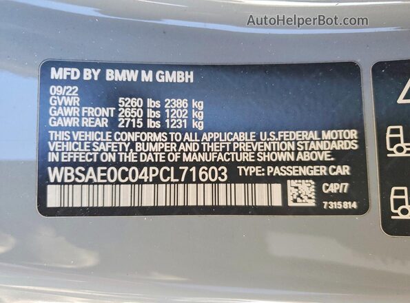 WBSAE0C04PCL71603 2023 BMW M8 Gray Widok naklejki z numerem VIN