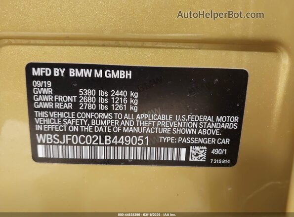 WBSJF0C02LB449051 2020 BMW M5 Yellow 