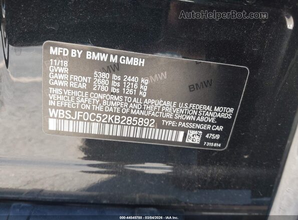 WBSJF0C52KB285892 2019 BMW M5 Black Engine compartment view