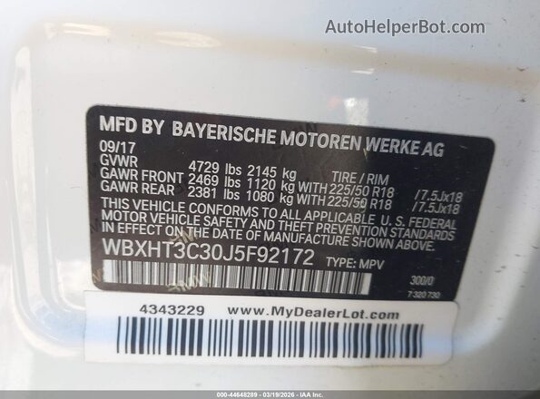 WBXHT3C30J5F92172 2018 BMW X1 White Вид підкапотного простору