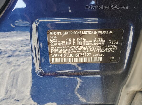 WBXHT3C36H5F75127 2017 BMW X1 Blue Vista interior de 360 grados
