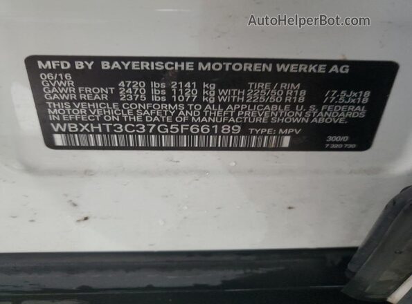 WBXHT3C37G5F66189 2016 BMW X1 White VIN კოდის სტიკერის ხედი