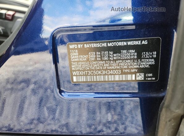 WBXHT3C50K3H34003 2019 BMW X1 Blue Widok naklejki z numerem VIN