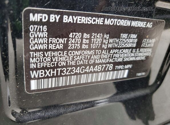 WBXHT3Z34G4A48778 2016 BMW X1 Черный Вид наклейки с VIN-кодом