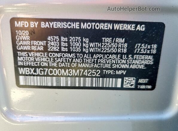 WBXJG7C00M3M74252 2021 BMW X1 Silver 