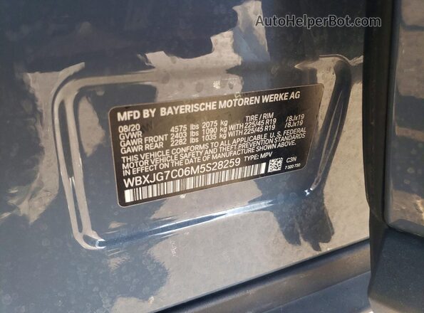 WBXJG7C06M5S28259 2021 BMW X1 Gray VIN კოდის სტიკერის ხედი