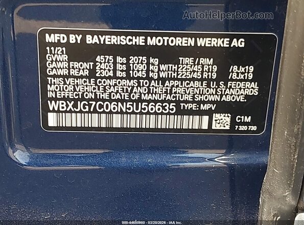 WBXJG7C06N5U56635 2022 BMW X1 Blue Engine compartment view