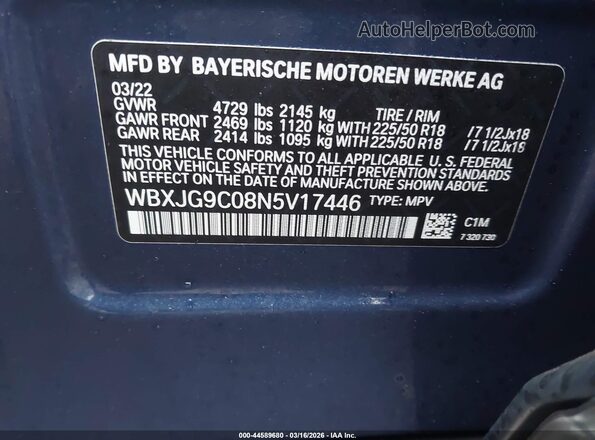 WBXJG9C08N5V17446 2022 BMW X1 Blue Widok komory silnika