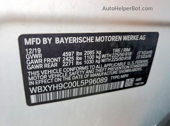 WBXYH9C00L5P96089 2020 BMW X2 White VIN կոդի պիտակի տեսք