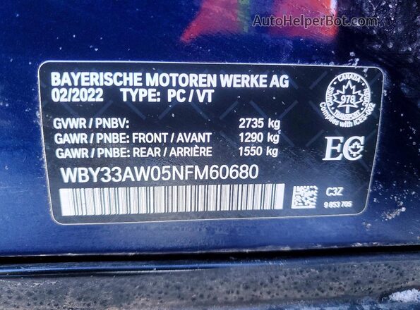 WBY33AW05NFM60680 2022 BMW I4 Blue Vista del compartimento del motor