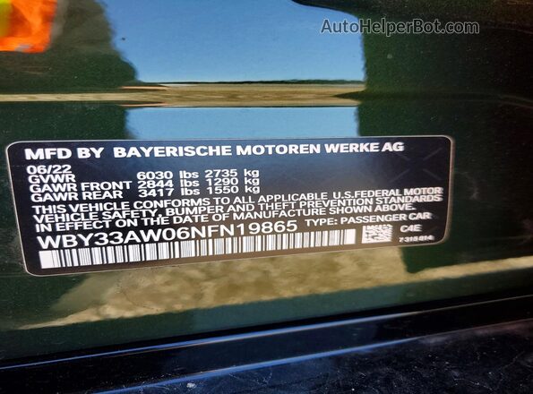 WBY33AW06NFN19865 2022 BMW I4 Green VIN կոդի պիտակի տեսք