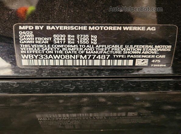 WBY33AW08NFM77487 2022 BMW I4 Черный Вид наклейки с VIN-кодом