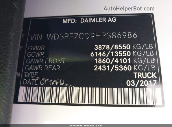 WD3PE7CD9HP386986 2017 MERCEDES-BENZ SPRINTER White ძრავის განყოფილების ხედი