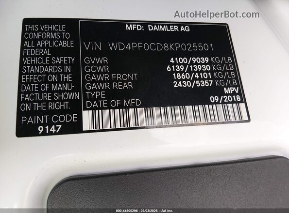 WD4PF0CD8KP025501 2019 MERCEDES-BENZ SPRINTER White 
