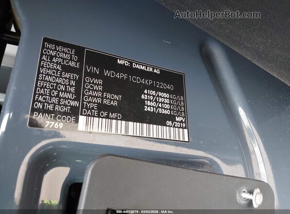 WD4PF1CD4KP122040 2019 MERCEDES-BENZ SPRINTER Blue 