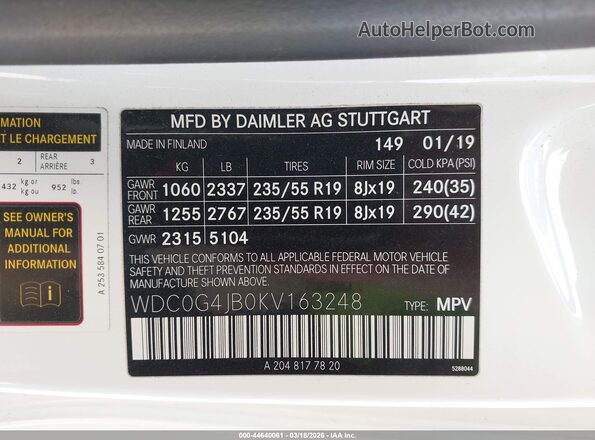 WDC0G4JB0KV163248 2019 MERCEDES-BENZ GLC 300 White 