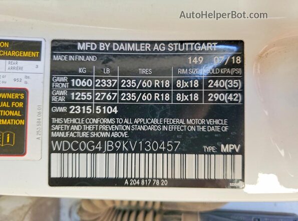 WDC0G4JB9KV130457 2019 MERCEDES-BENZ GLC-CLASS White 