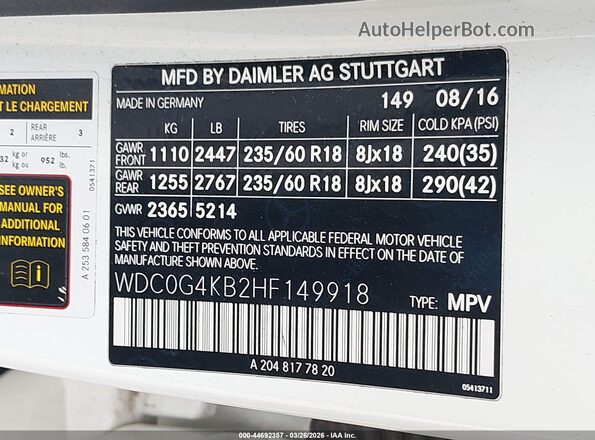 WDC0G4KB2HF149918 2017 MERCEDES-BENZ GLC 300 White Вид підкапотного простору