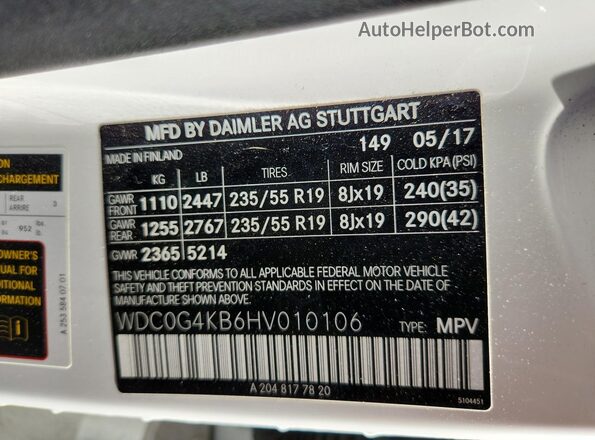 WDC0G4KB6HV010106 2017 MERCEDES-BENZ GLC-CLASS Белый Вид наклейки с VIN-кодом