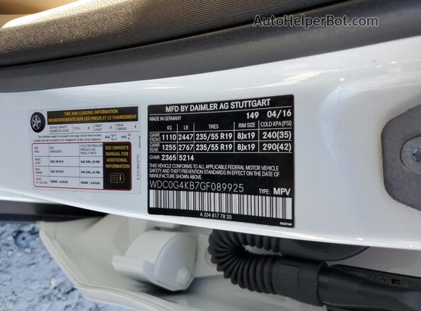 WDC0G4KB7GF089925 2016 MERCEDES-BENZ GLC-CLASS White Widok naklejki z numerem VIN