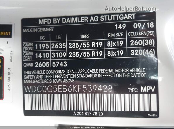 WDC0G5EB6KF539428 2019 MERCEDES-BENZ GLC 350E White Вид підкапотного простору