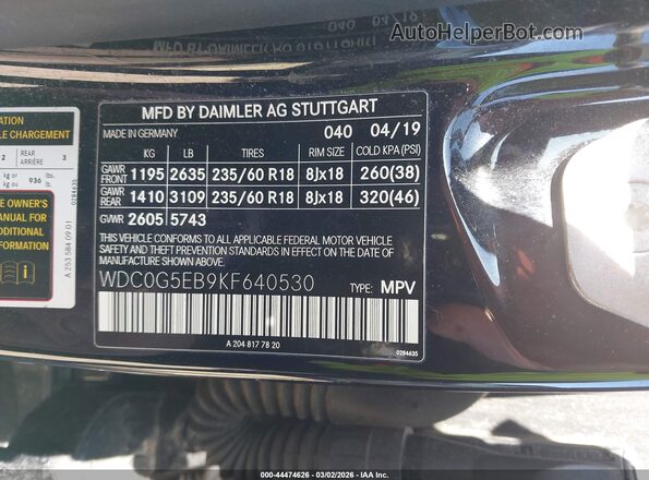 WDC0G5EB9KF640530 2019 MERCEDES-BENZ GLC 350E Black Widok naklejki z numerem VIN